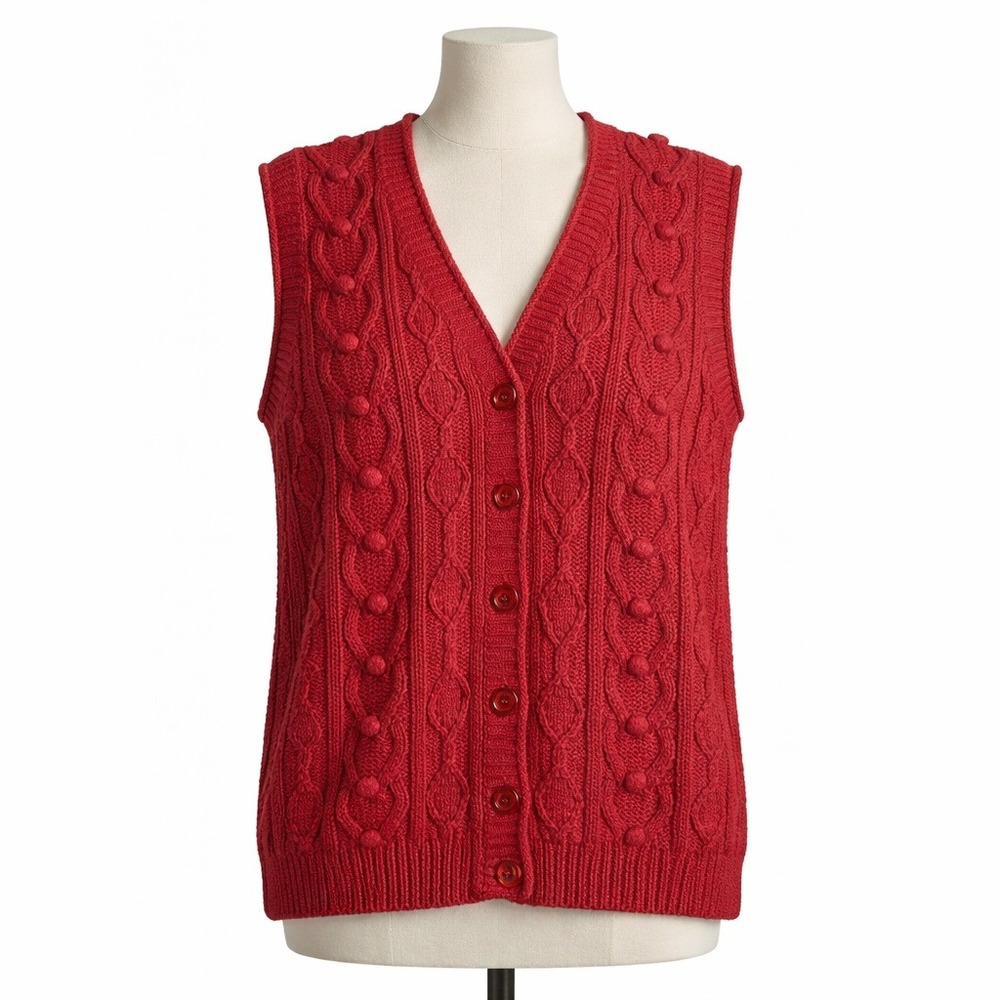 Vintage Cable Knit Bobble Button Sweater Vest Size‎ L Red Granny Classic Cottage